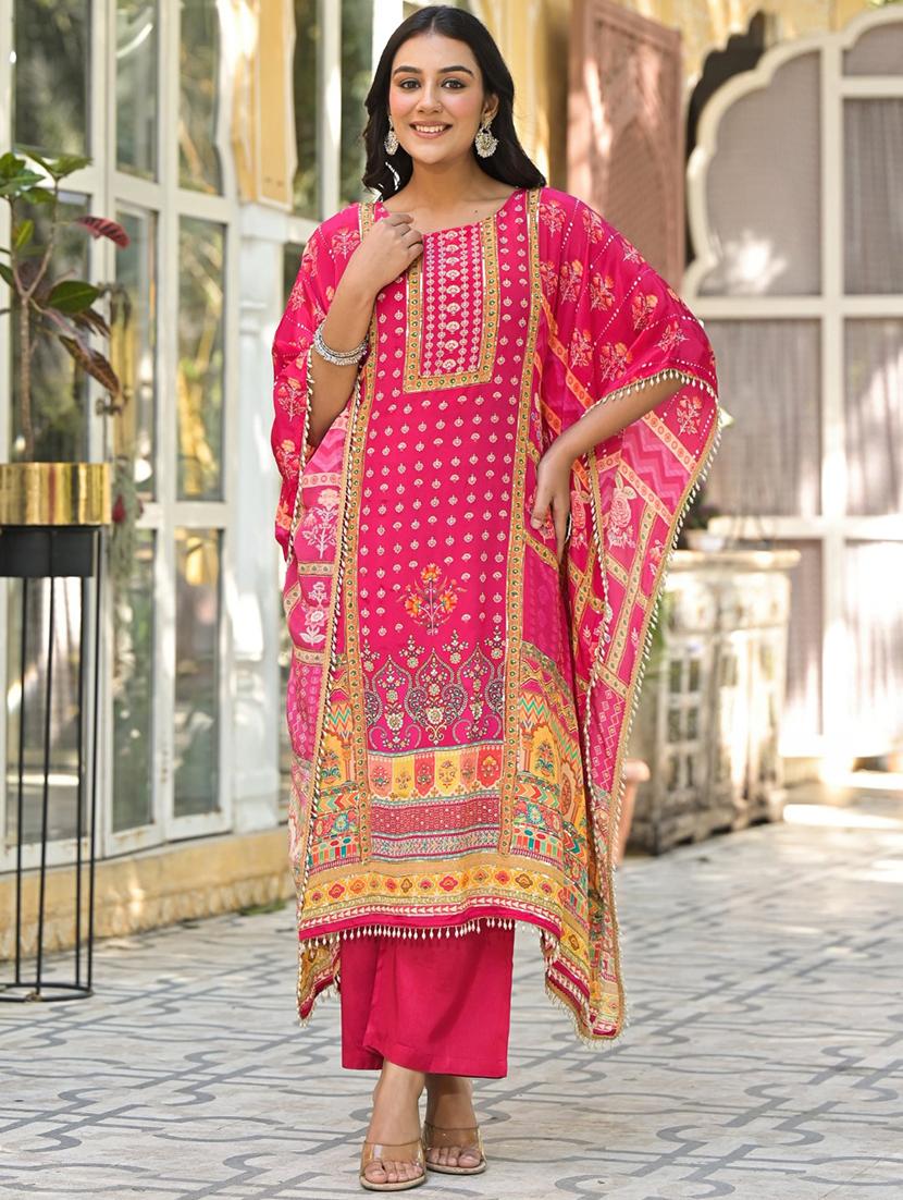 women printed kimono sleeve kaftan kurta pant set