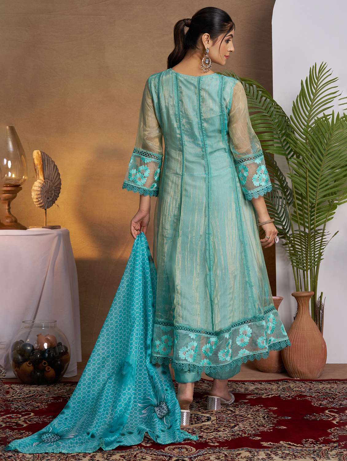 women three quarter sleeve anarkali kurta pant with dupatta set - 21988073 -  Standard Image - 3