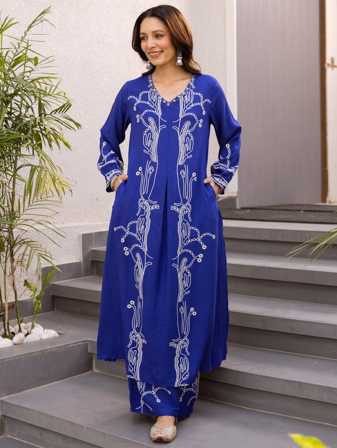 women printed long sleeve kurta palazzo set - 21988076 -  Zoom Image - 0