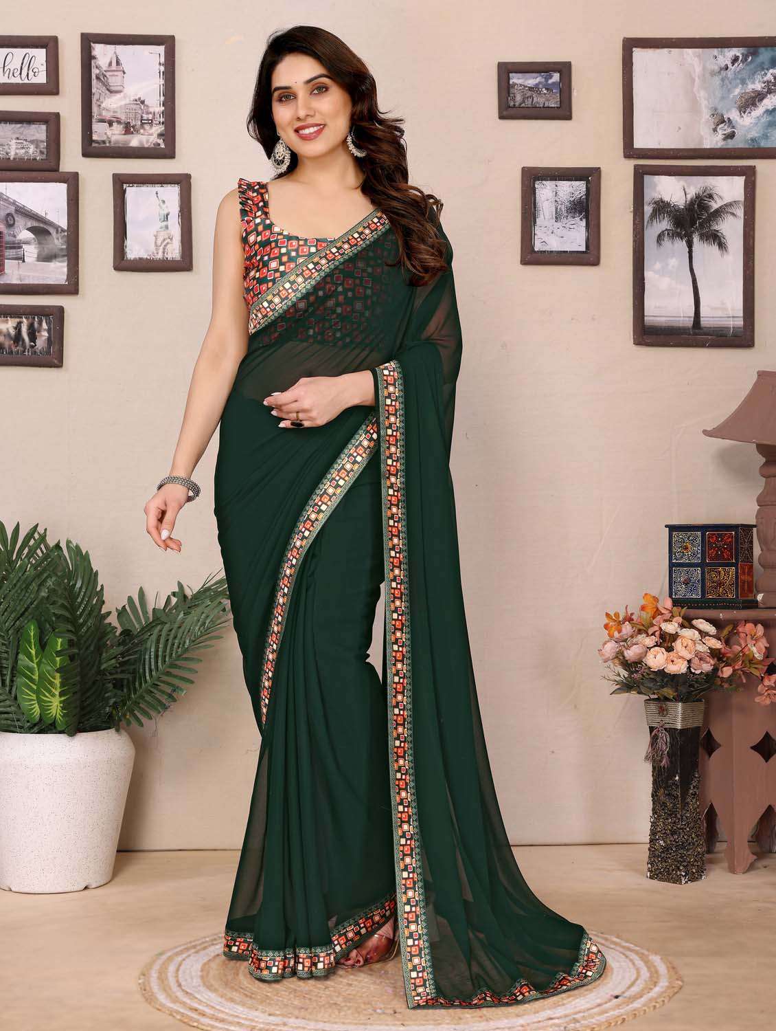 women solid with bordered saree with blouse - 21988134 -  Zoom Image - 0