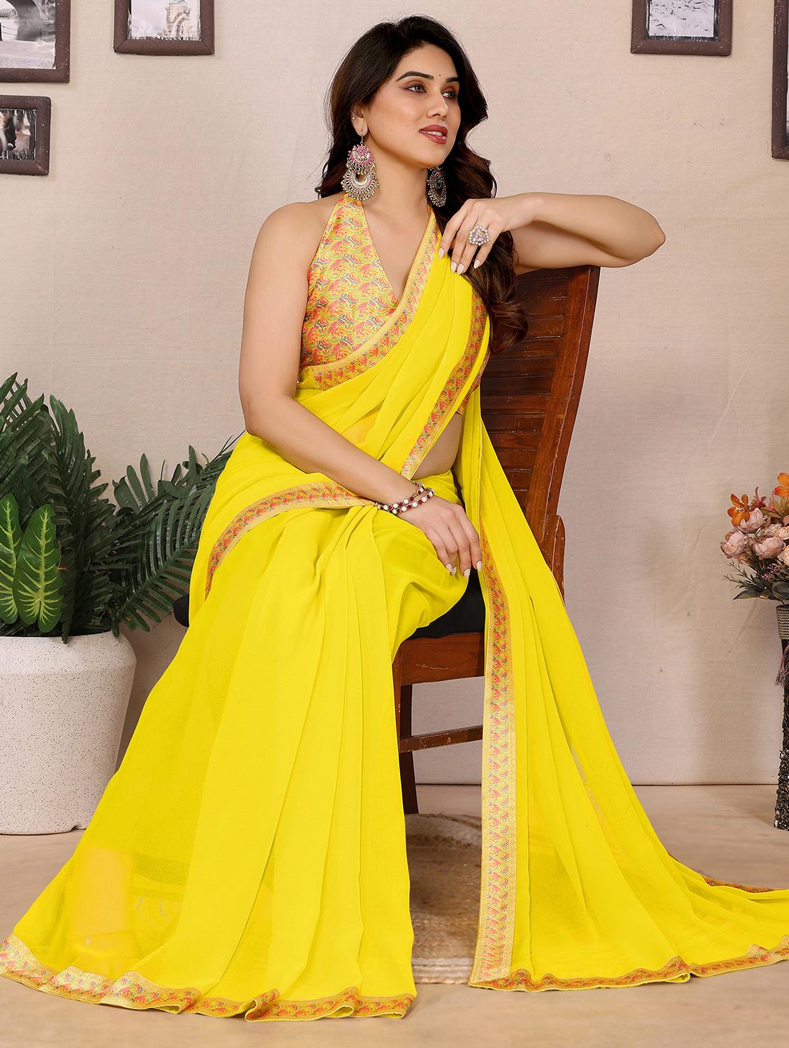 women solid with bordered saree with blouse - 21988137 - Standard Image - 3