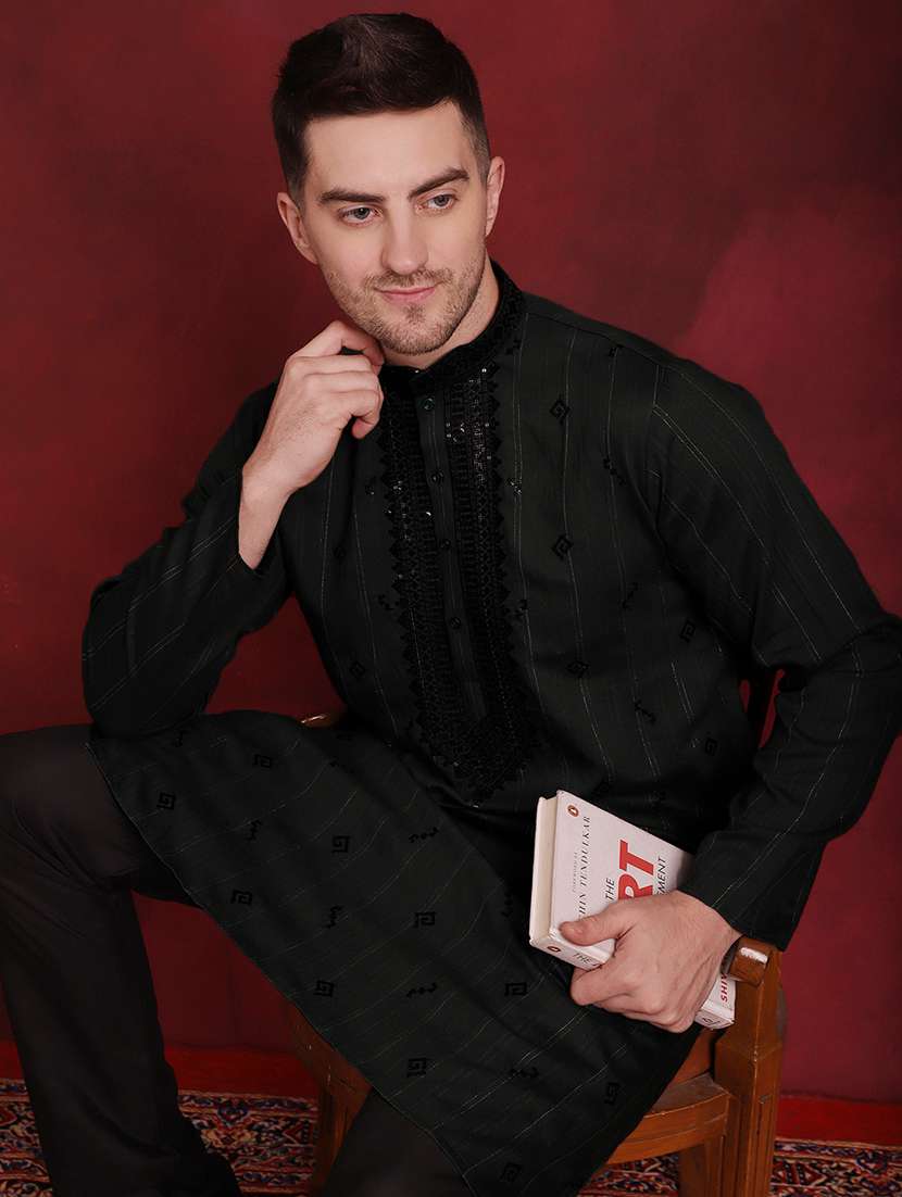 men embroidered mandarin neck kurta pyjama ethnic wear set - 21988180 -  Standard Image - 3