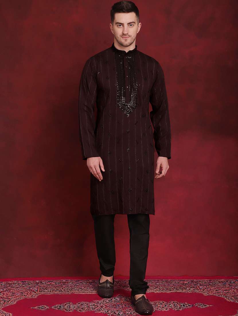 men embroidered mandarin neck kurta pyjama ethnic wear set
