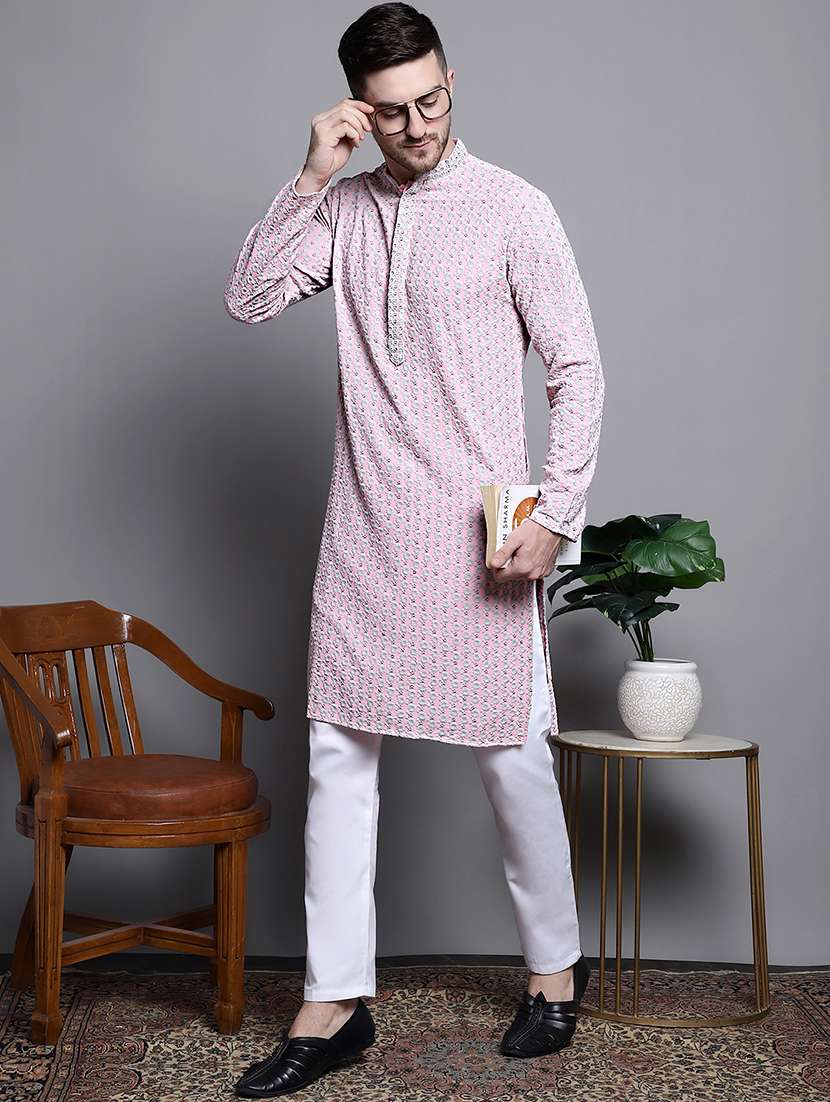 men embroidered mandarin neck kurta pyjama ethnic wear set