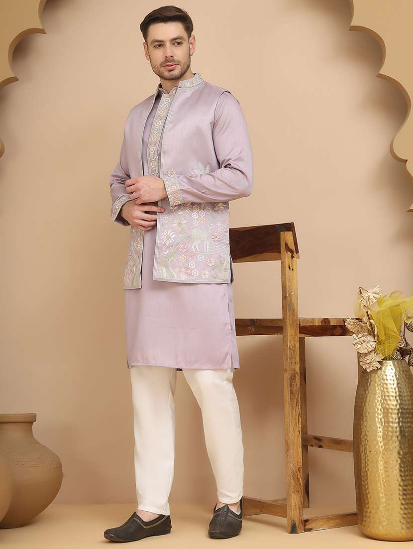 men embroidered mandarin neck kurta pyjama with jacket ethnic wear set