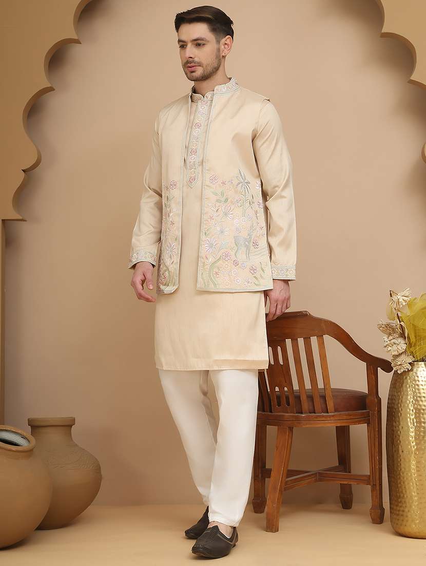 men embroidered mandarin neck kurta pyjama with jacket ethnic wear set