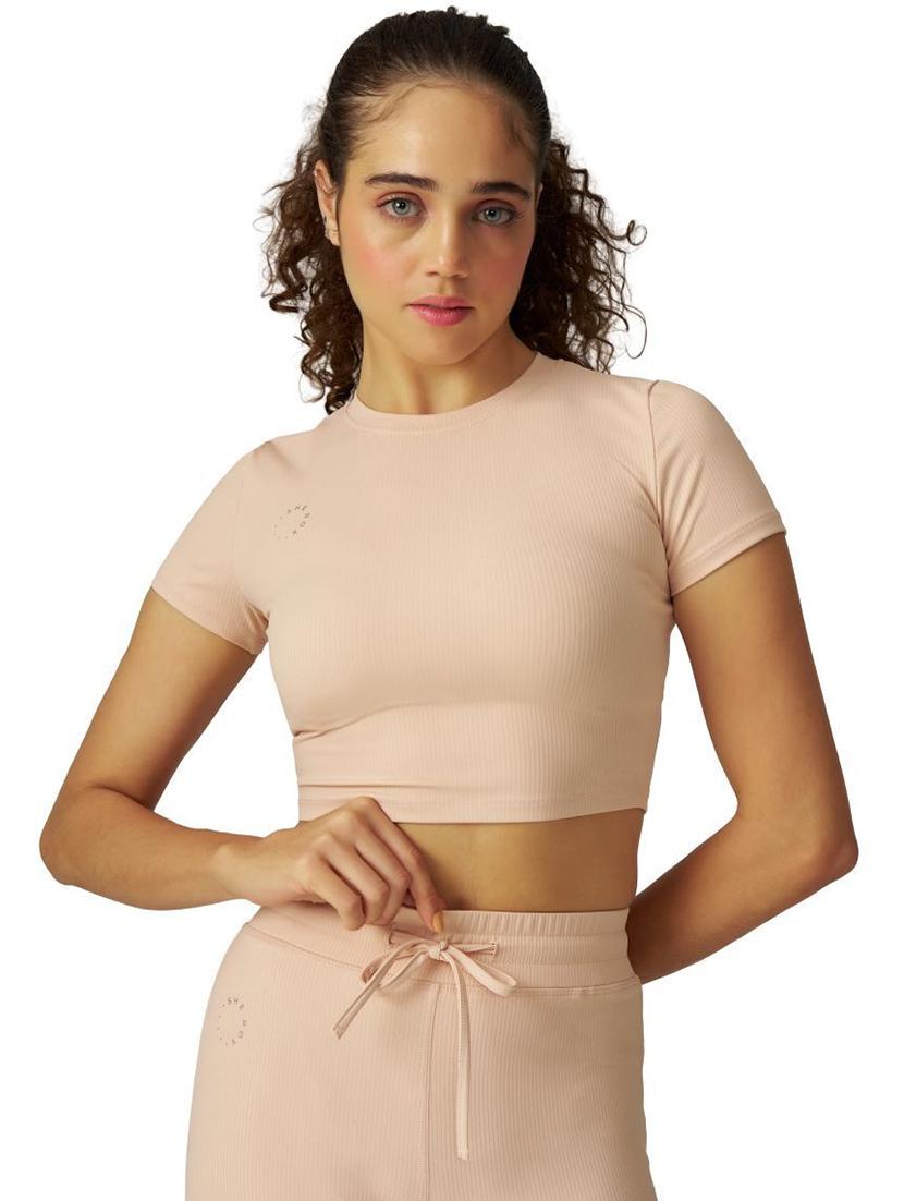 women beige solid short sleeve crop to - 21988243 -  Zoom Image - 0