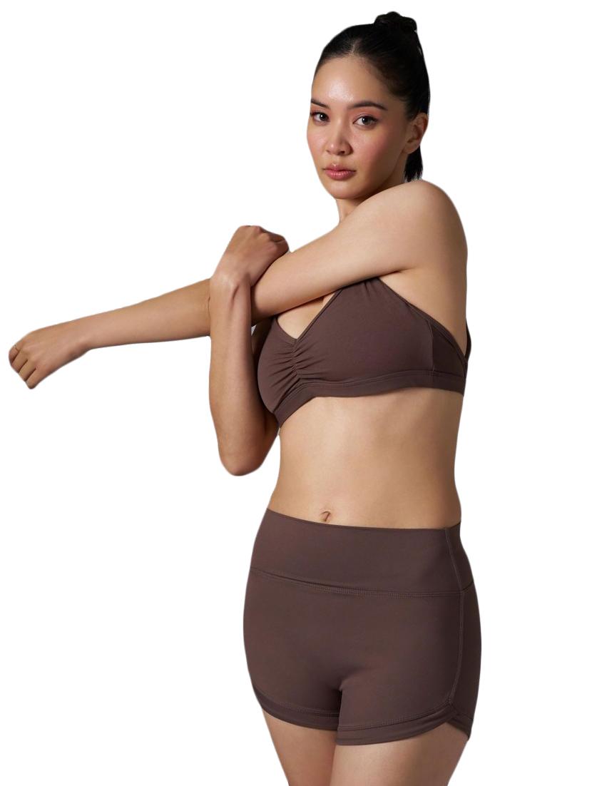 women brown solid halter neck sports bra