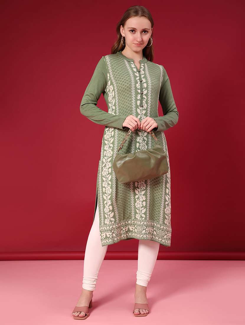 women self design long sleeve straight woolen kurta