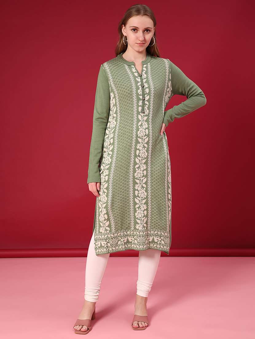 women self design long sleeve straight woolen kurta - 21988303 -  Standard Image - 3