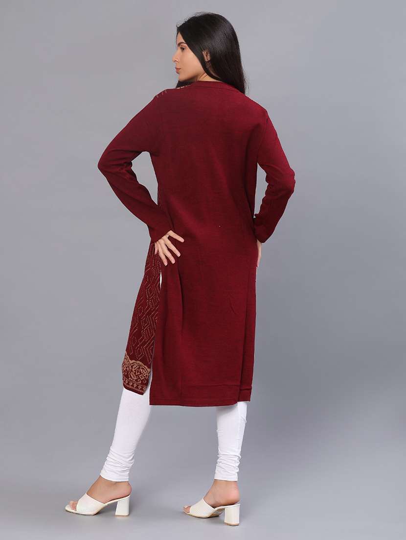 women self design long sleeve straight woolen kurta - 21988304 -  Standard Image - 3