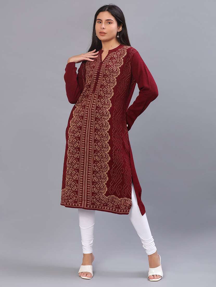 women self design long sleeve straight woolen kurta - 21988304 -  Standard Image - 5