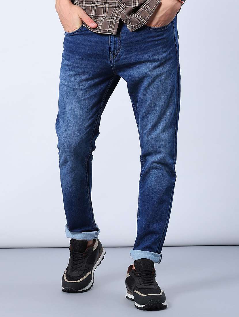men washed mid rise full length jeans