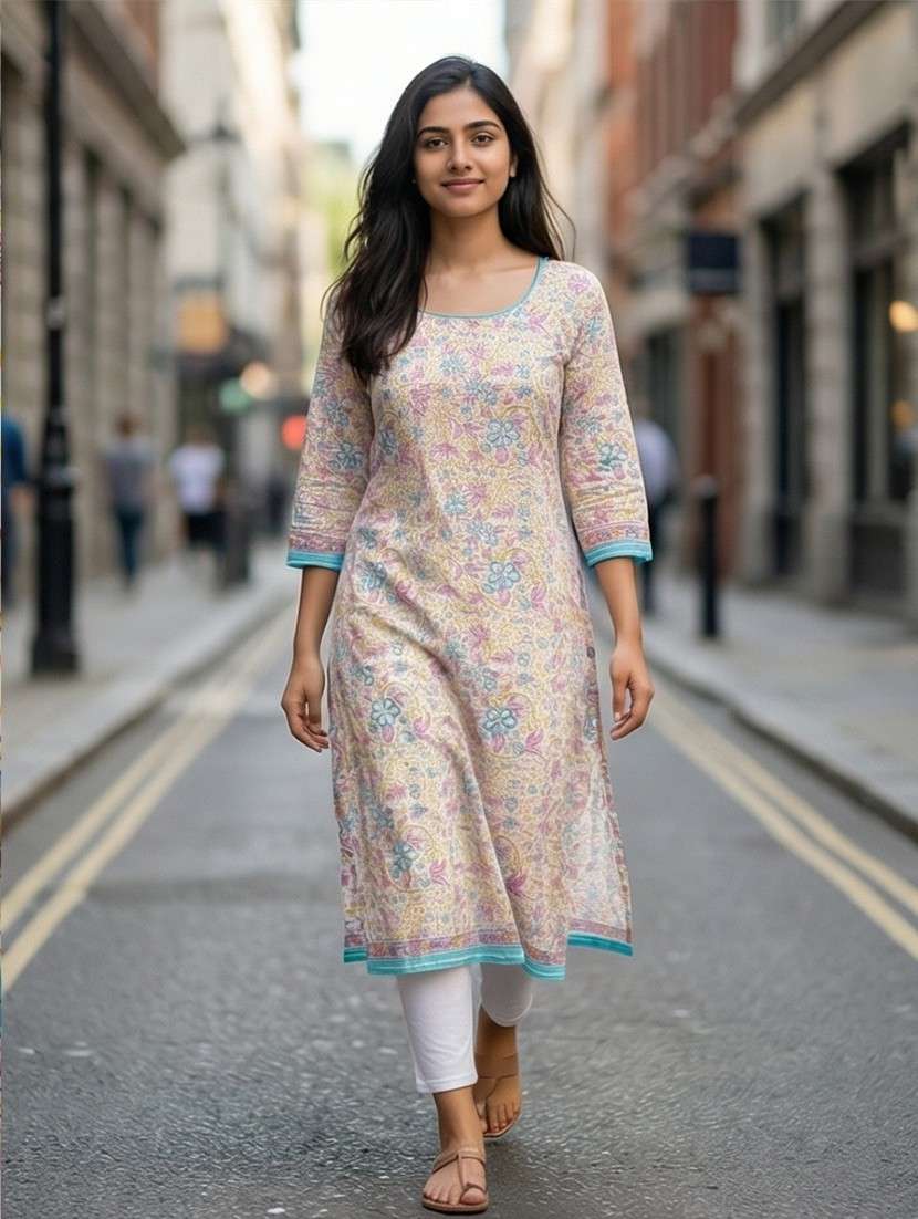 women floral three quarter sleeve straight kurta