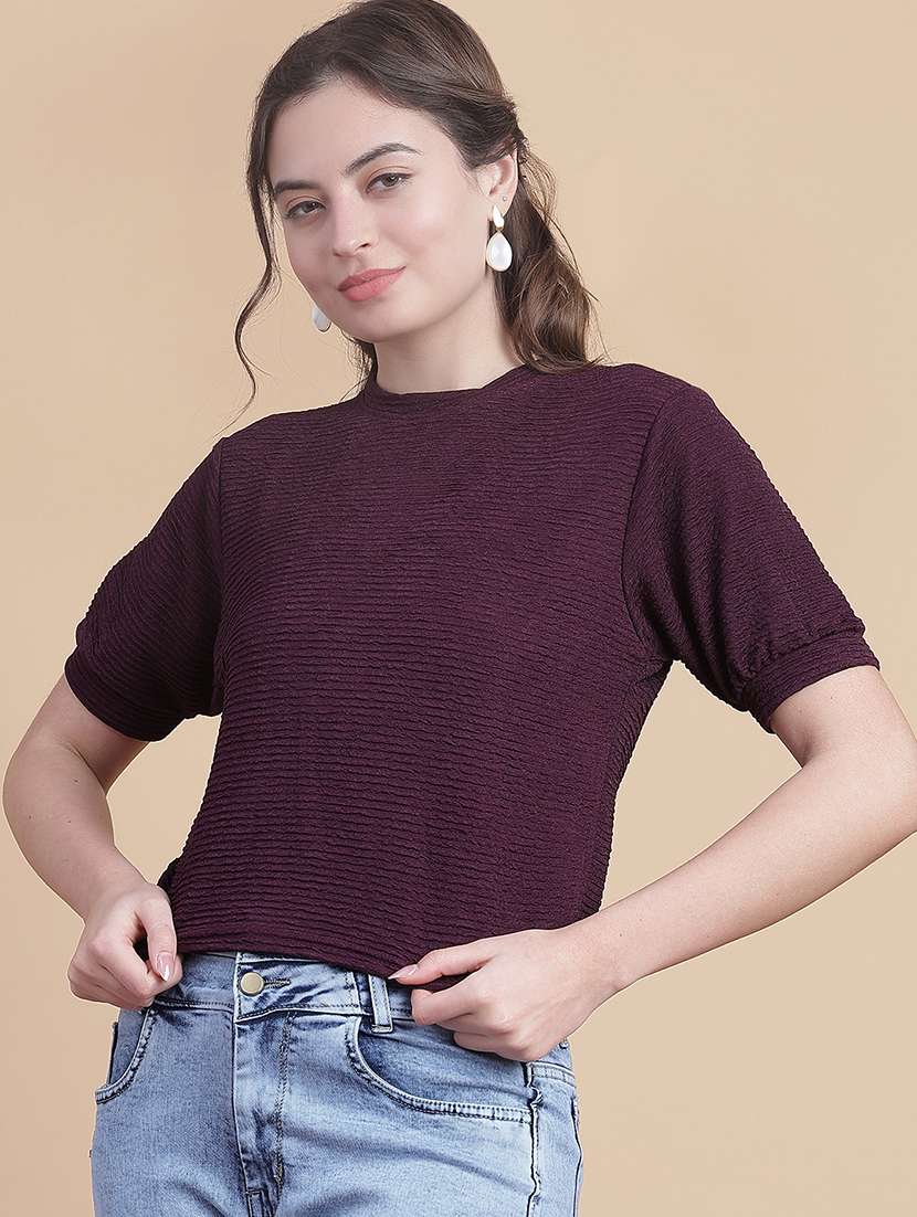 women solid round neck puff crop sleeve
