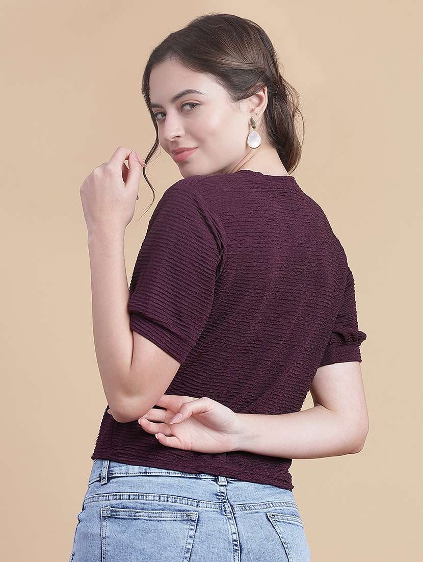 women solid round neck puff crop sleeve - 21988555 -  Standard Image - 3