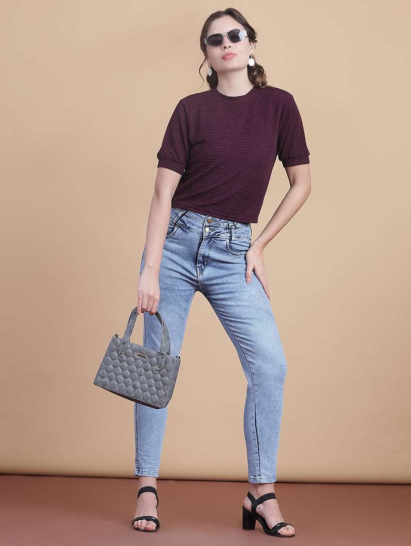 women solid round neck puff crop sleeve - 21988555 -  Standard Image - 5