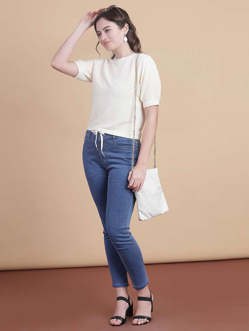 women solid round neck puff crop sleeve - 21988594 -  Standard Image - 5