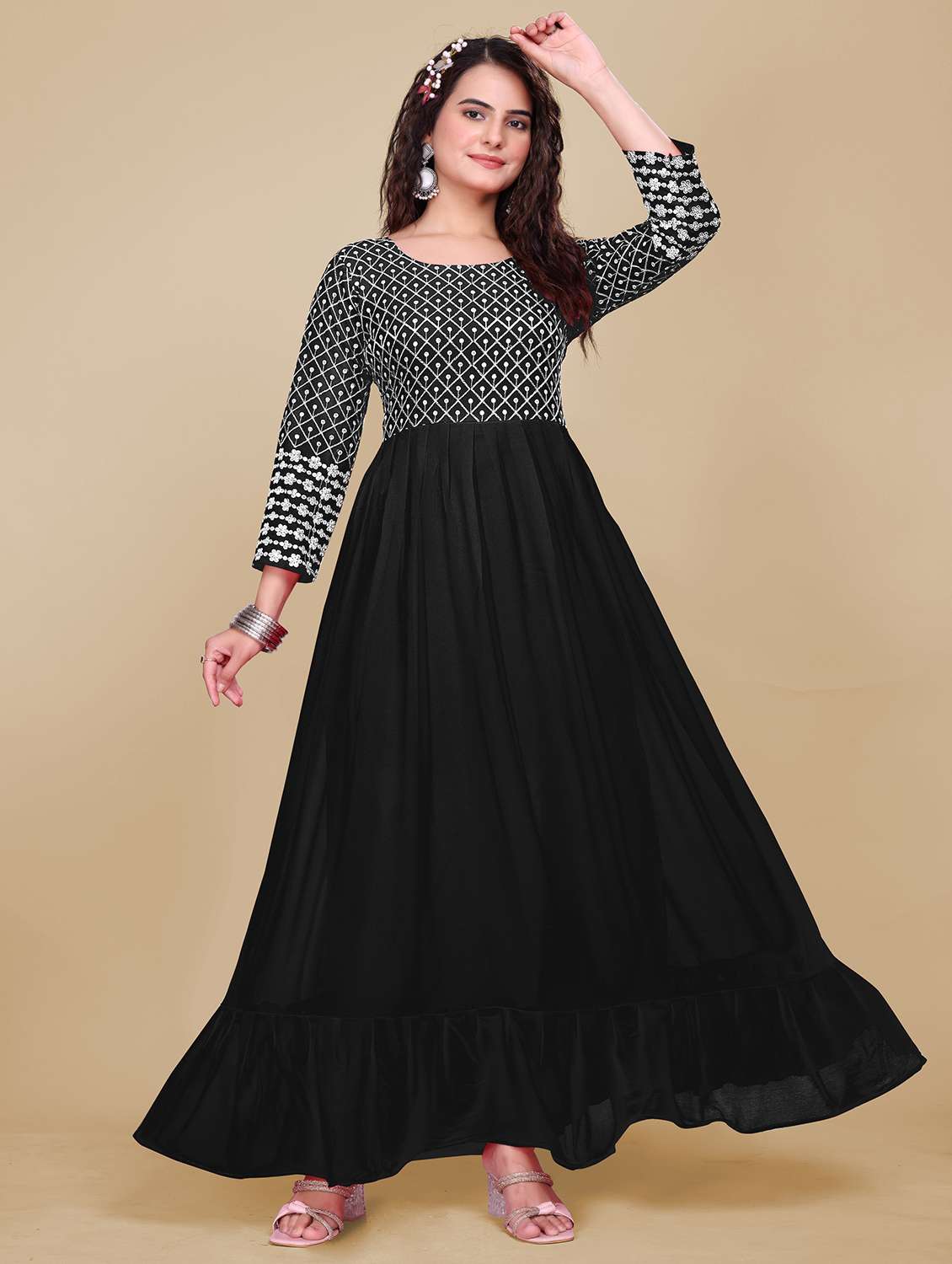 women embroidered three quarter sleeve ethnic dress - 21988813 -  Standard Image - 3