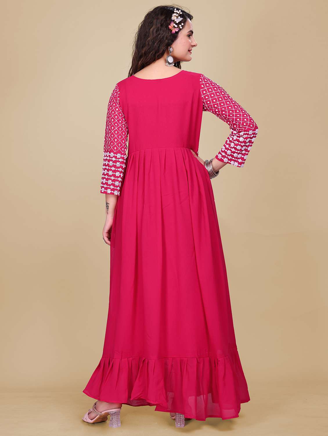women embroidered three quarter sleeve ethnic dress - 21988814 -  Standard Image - 3