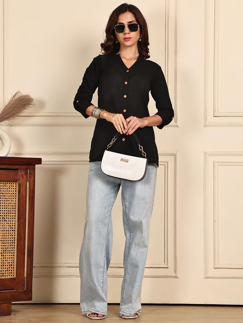 women solid roll up sleeve straight kurti - 21988815 - Standard Image - 5