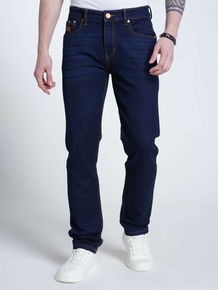 men washed mid rise full length jeans