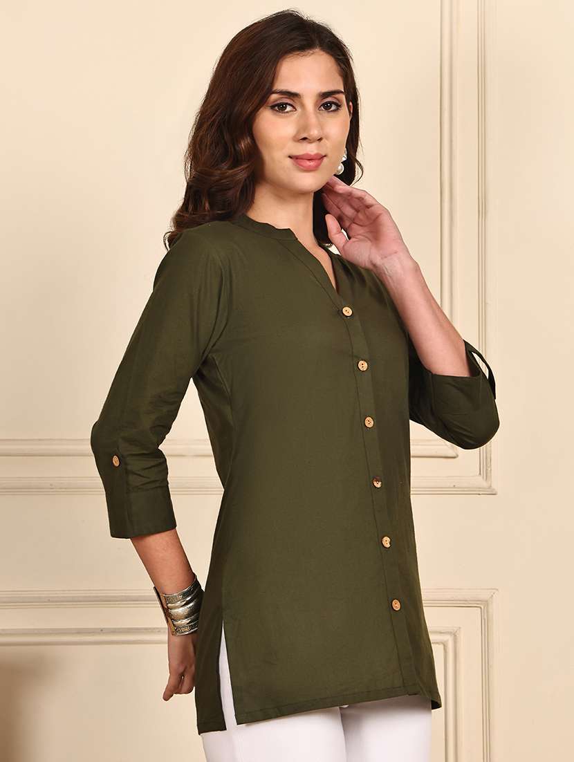 women solid roll up sleeve straight kurti - 21988868 - Standard Image - 3