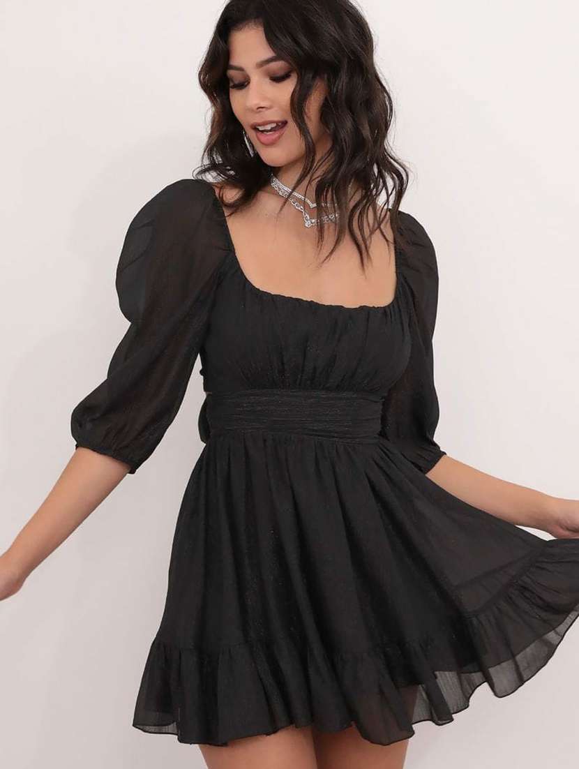 women solid puff sleeve backless tiered dress