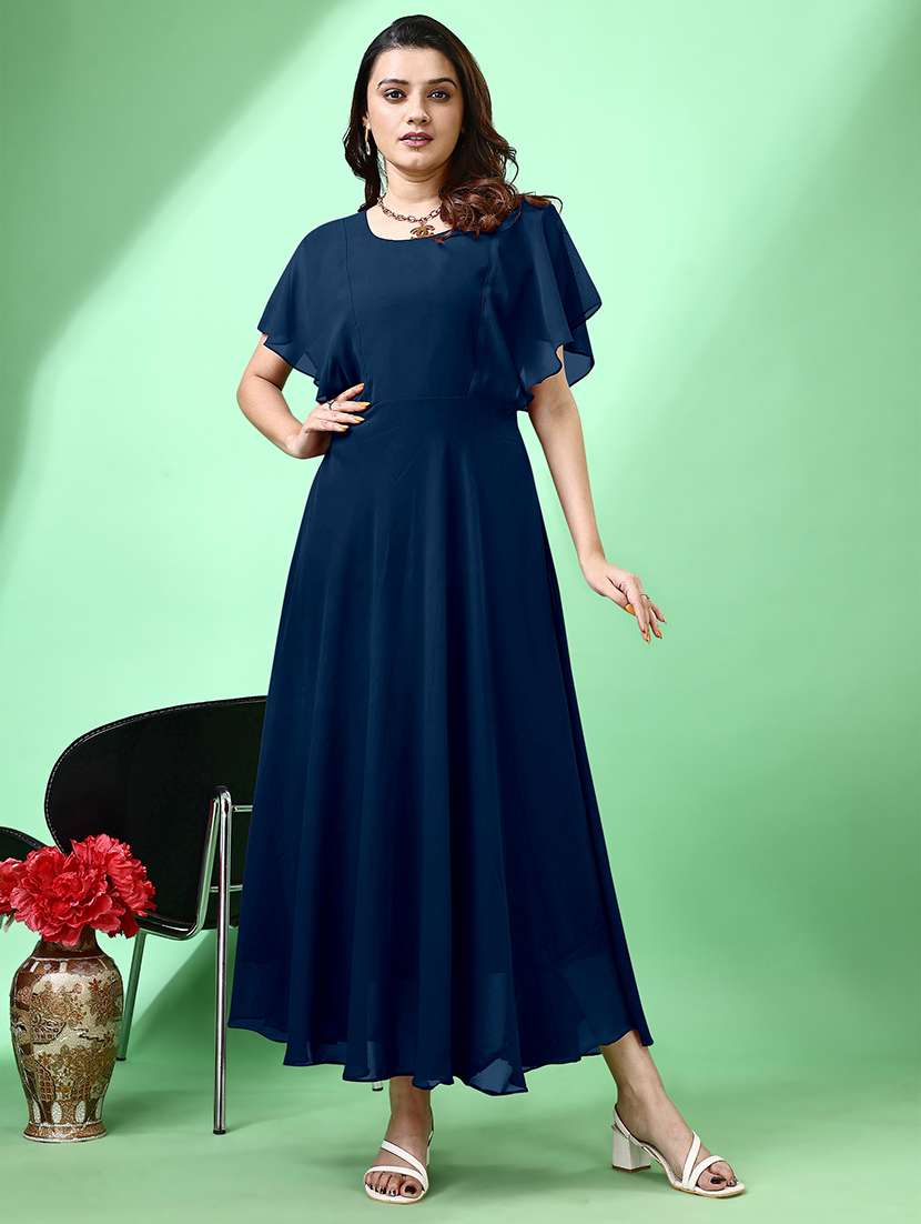 women solid flared sleeve fit & flare maxi dress