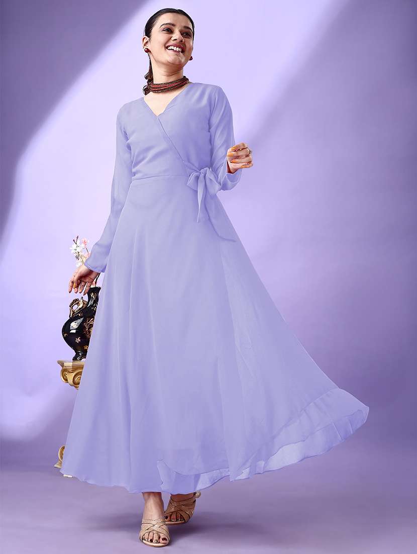 women solid long sleeve fit & flare maxi dress