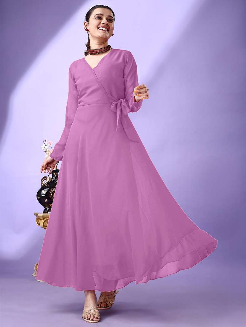 women solid long sleeve fit & flare maxi dress