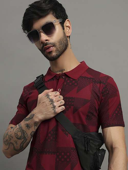 maroon cotton blend all over print tshirt - 21988956 -  Standard Image - 0
