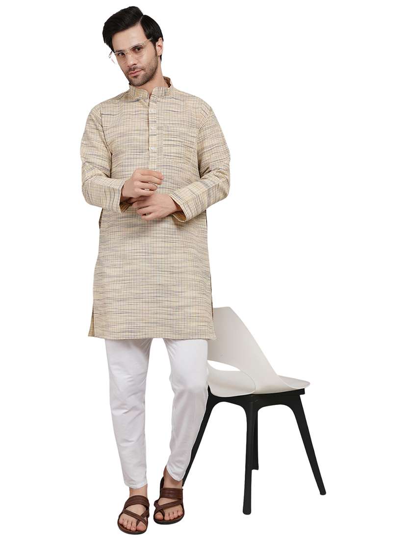 men melange mandarin neck long kurta - 21989328 - Zoom Image - 0