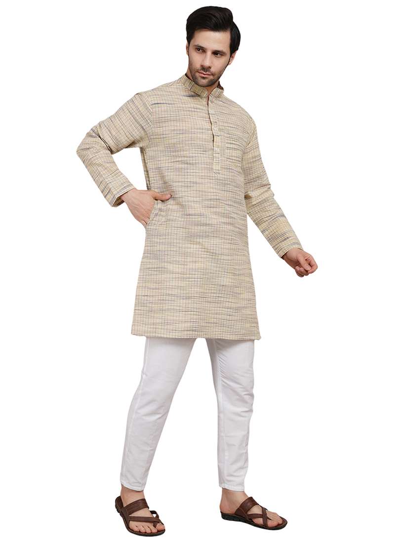 men melange mandarin neck long kurta - 21989328 - Standard Image - 3
