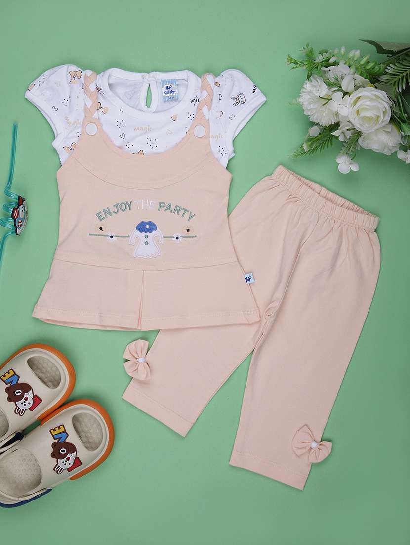 girls peach printed full length twin set