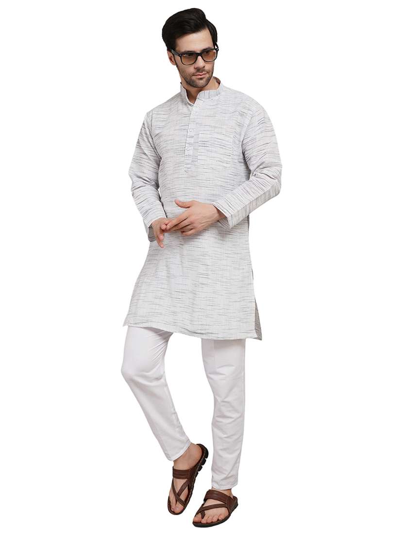 men melange mandarin neck long kurta - 21989336 - Zoom Image - 0