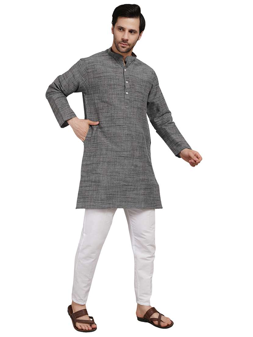 men melange mandarin neck long kurta - 21989341 - Standard Image - 3