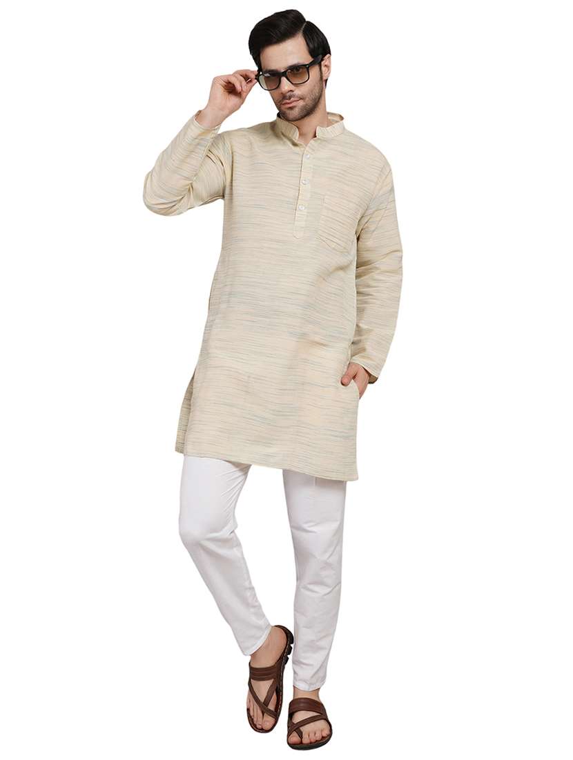 men melange mandarin neck long kurta - 21989353 - Zoom Image - 0