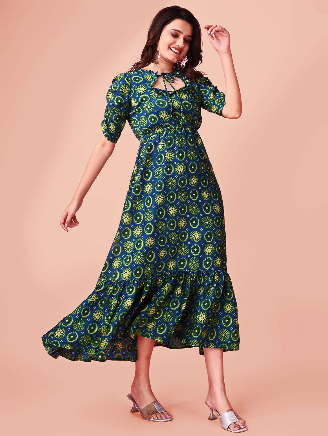 women printed tie-up neck puff sleeve tiered dress