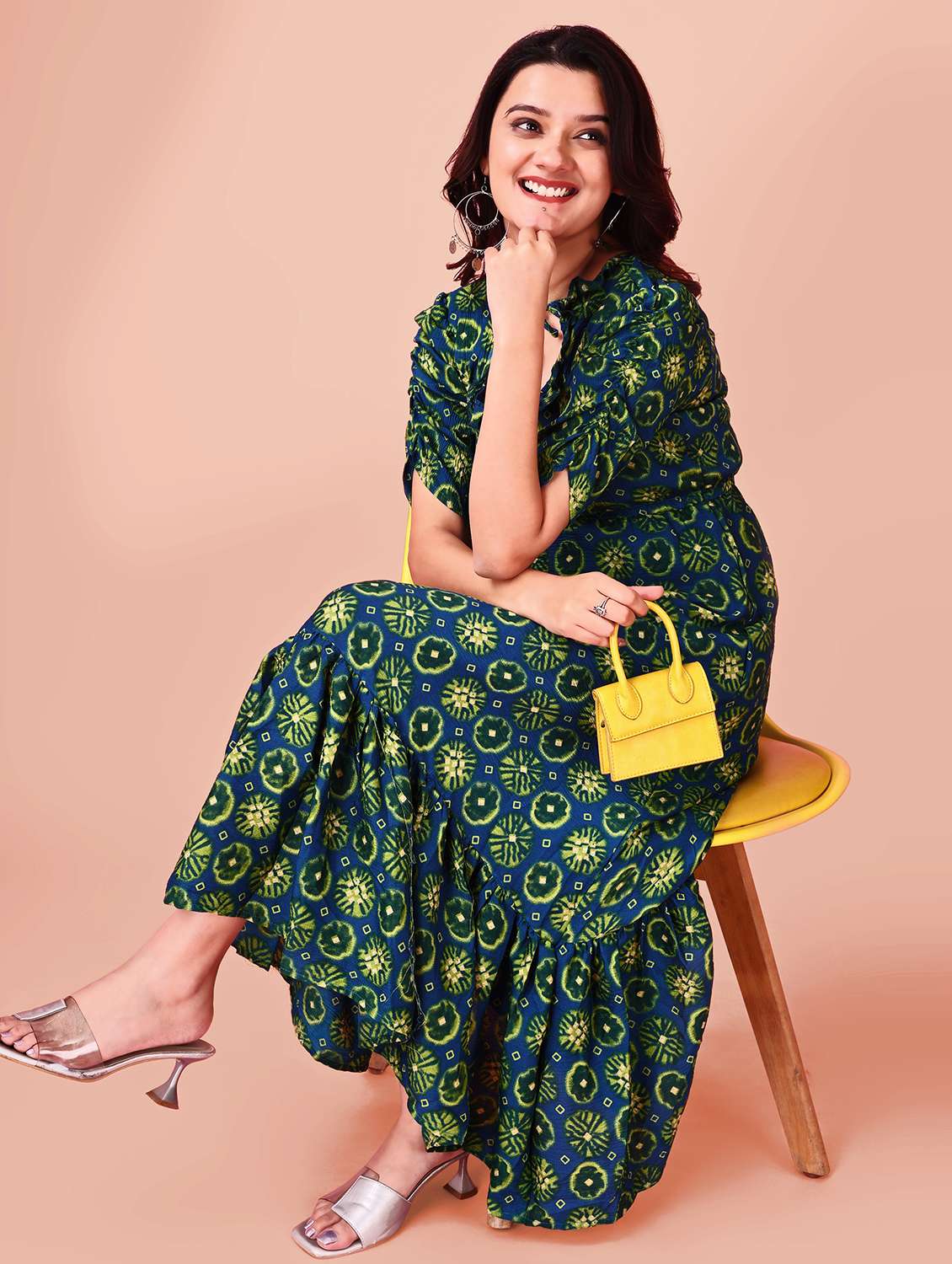 women printed tie-up neck puff sleeve tiered dress - 21989356 -  Standard Image - 3