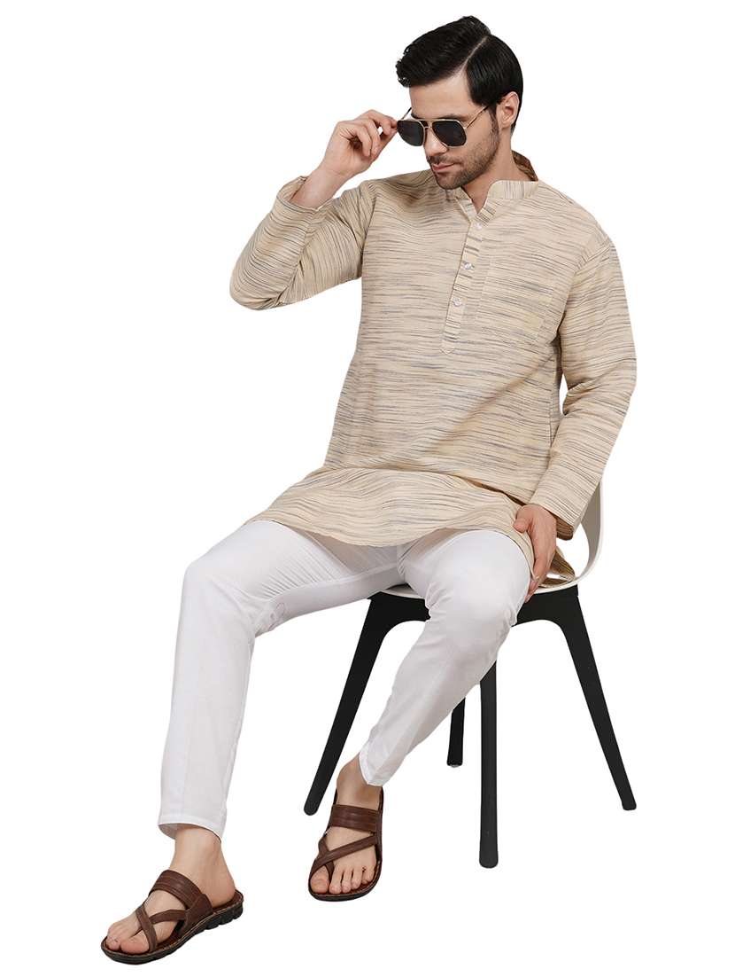 men melange mandarin neck long kurta - 21989359 - Zoom Image - 0