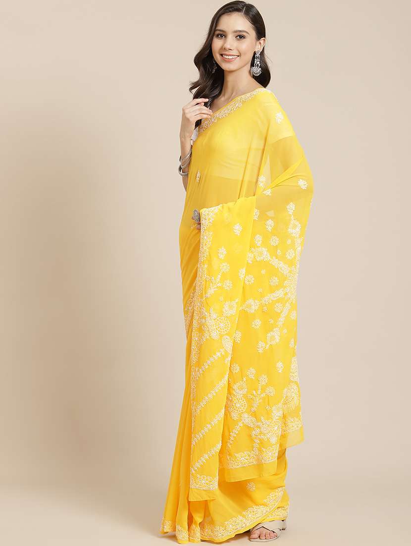 women solid with work chikankari saree with blouse