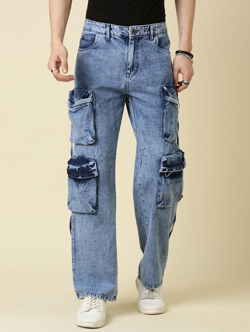 men blue washed mid rise denim cargo - 21989511 - Standard Image - 0