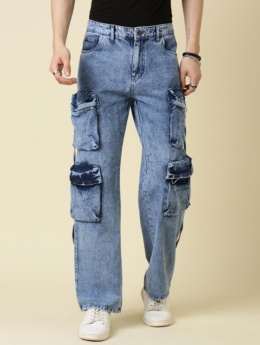 men blue washed mid rise denim cargo - 21989511 - Zoom Image - 0