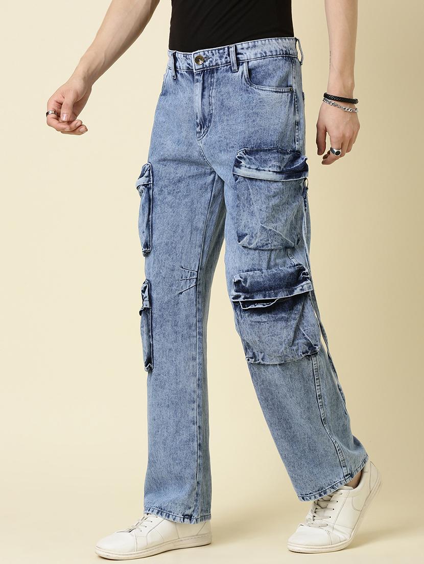 men blue washed mid rise denim cargo - 21989511 - Standard Image - 3
