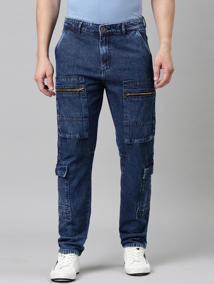 men blue washed mid rise denim cargo