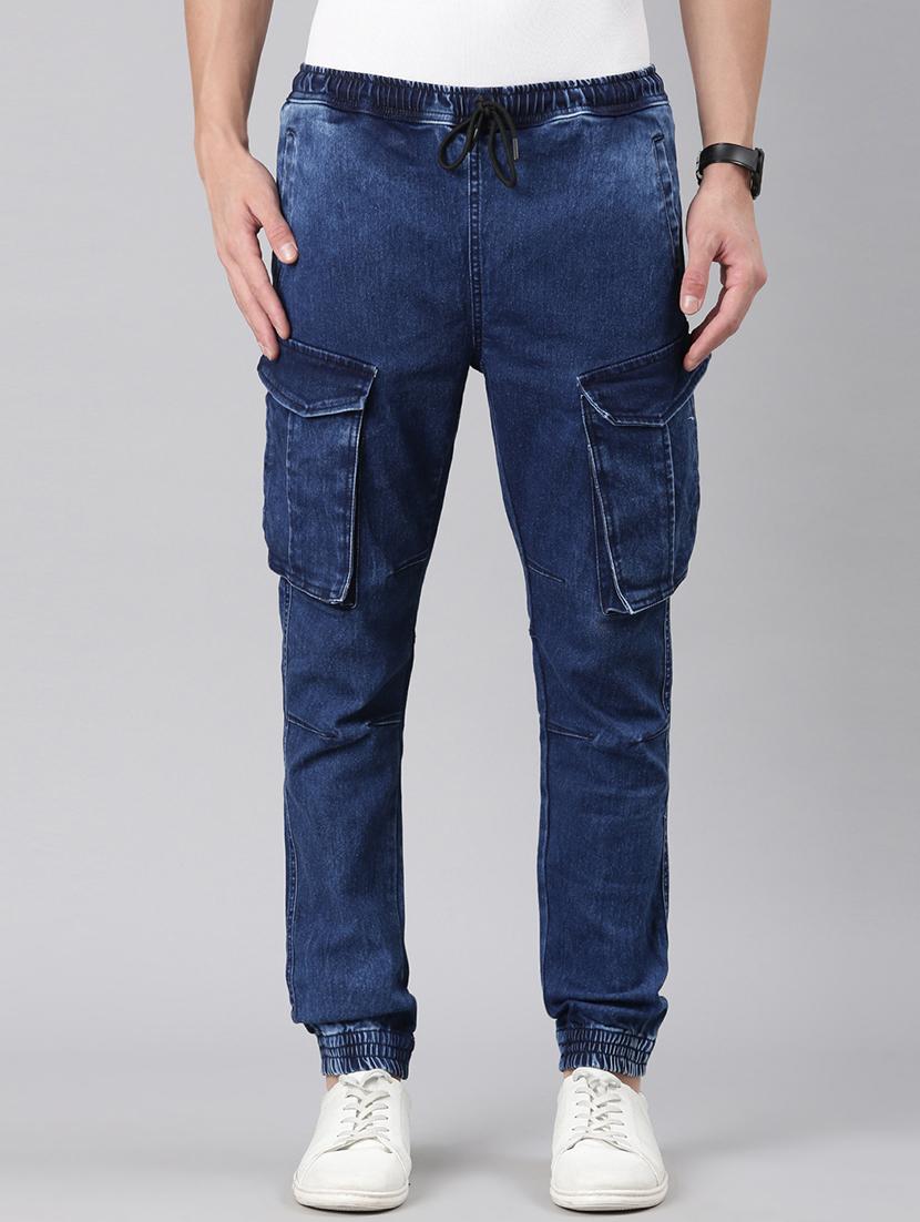 men blue washed mid rise jogger cargo