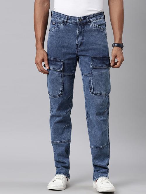 men blue washed mid rise denim cargo - 21989519 - Standard Image - 0