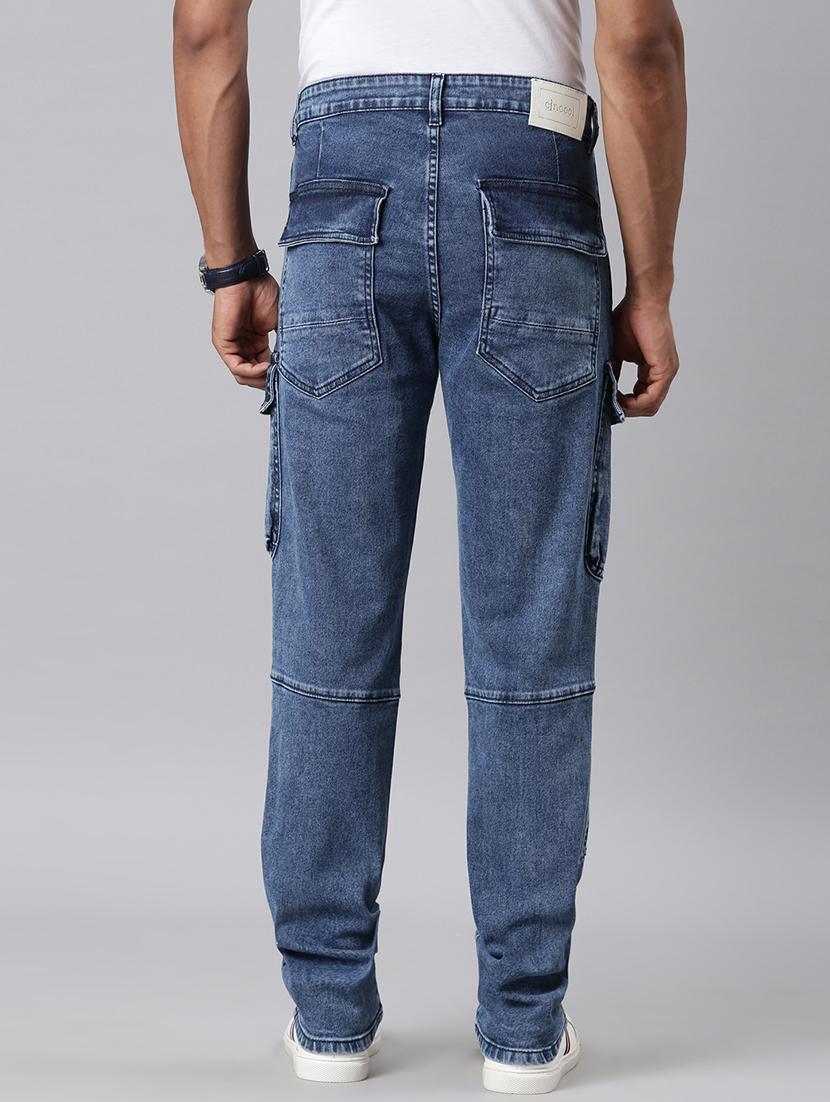 men blue washed mid rise denim cargo - 21989519 - Standard Image - 3