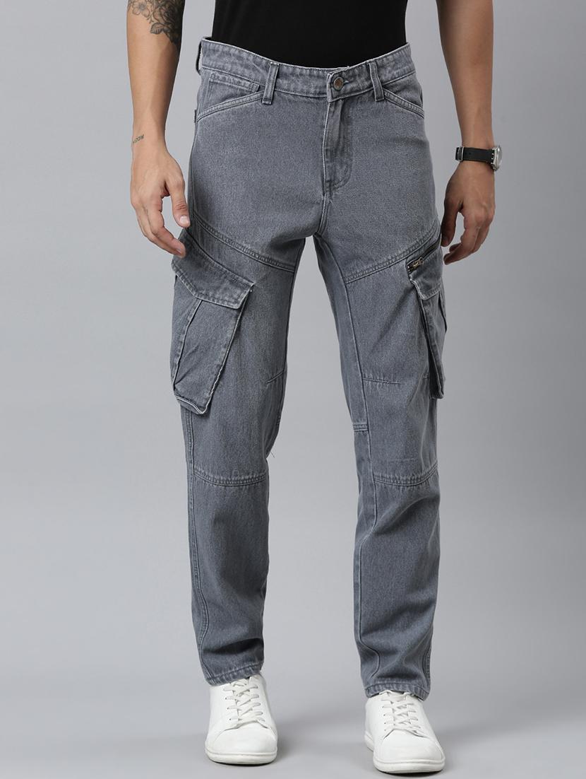 men grey solid mid rise denim cargo